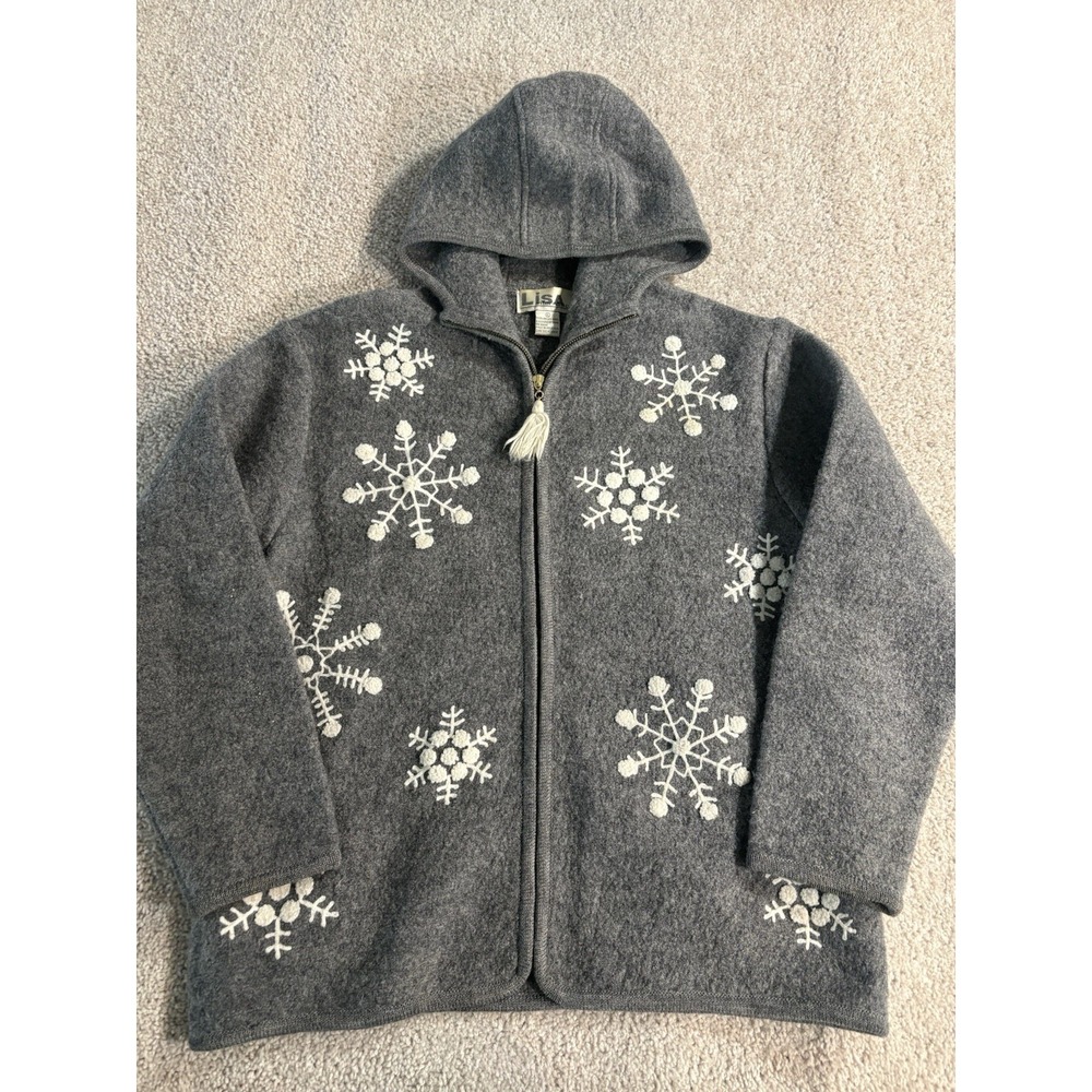 Lisa International Wool Sweater Jacket Womens XL Gray Boiled Snowflake Hooded